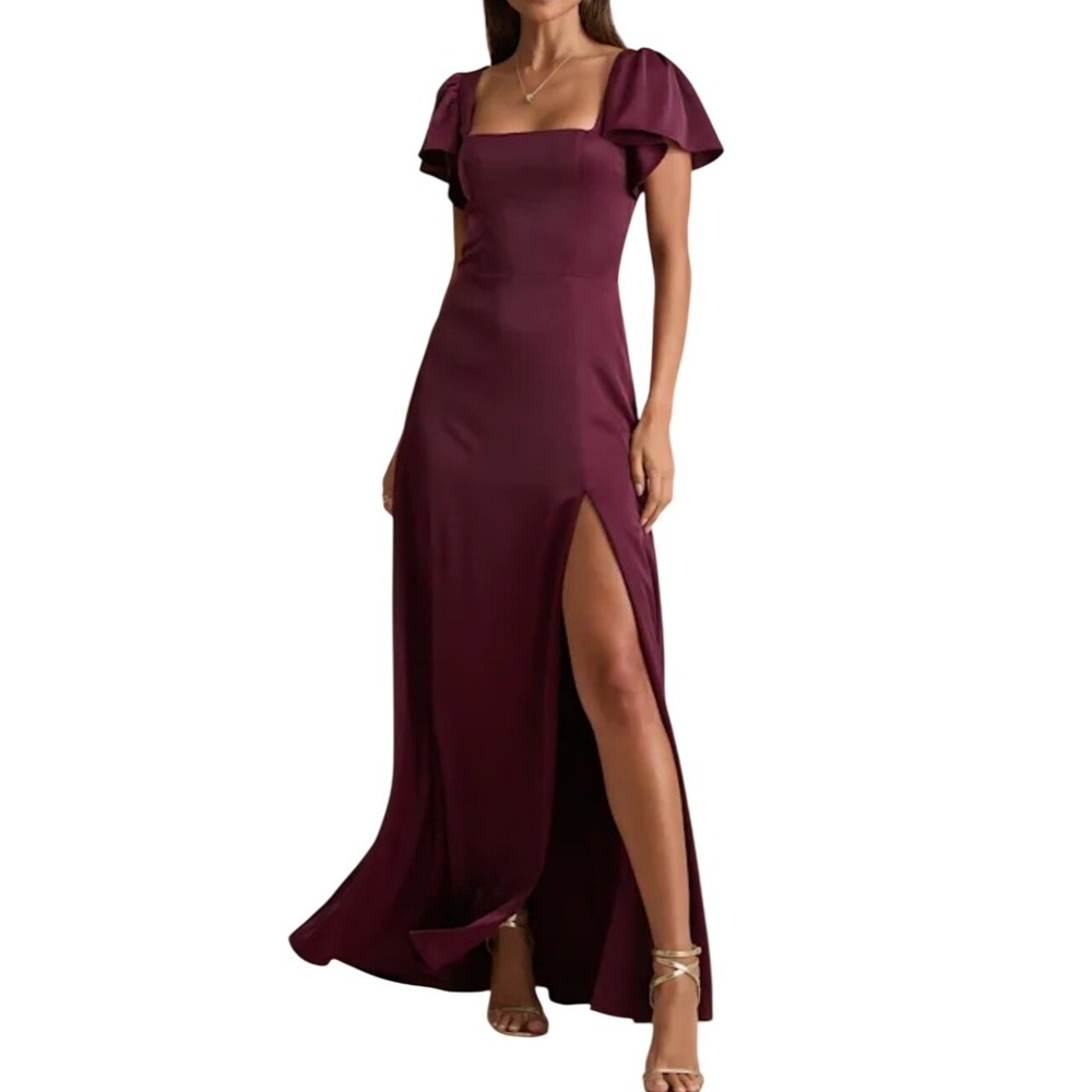 NWT Lulus Ultimate Sweetness Plum Satin Flutter Sleeve Maxi Dress L Formal Flowy